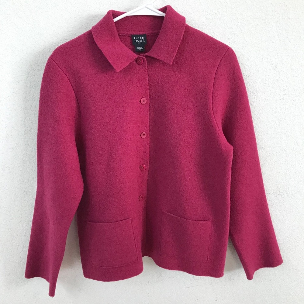 Eileen Fisher Womens Button Front Wool Cardigan Jacket PS Pink Pockets
